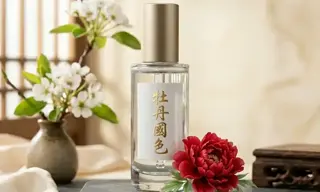 透明香水瓶标签文字与红色牡丹局部重绘效果