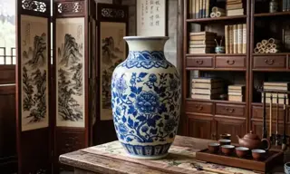 青花瓷花瓶中式书房场景 AI 扩图效果