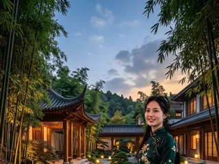 现代汉服人像替换古典园林背景效果