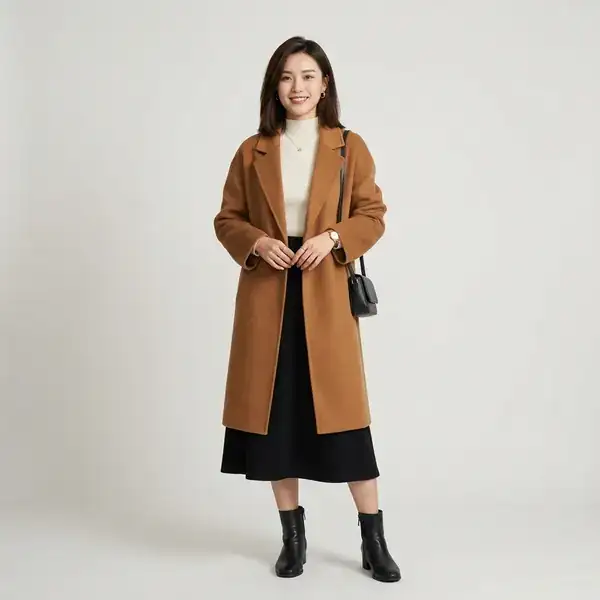 AI 海报生成案例:棕色大衣女性模特白底商品素材