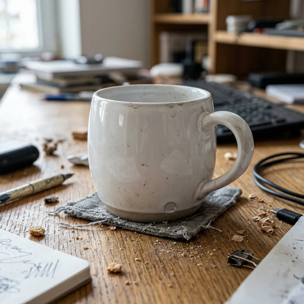 AI 商品精修案例：白色陶瓷茶具带污渍和灰尘的处理前画面