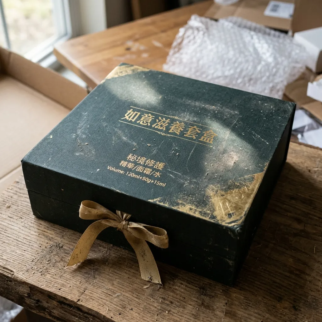 AI 商品精修案例：美妆礼盒带灰尘和划痕的处理前画面