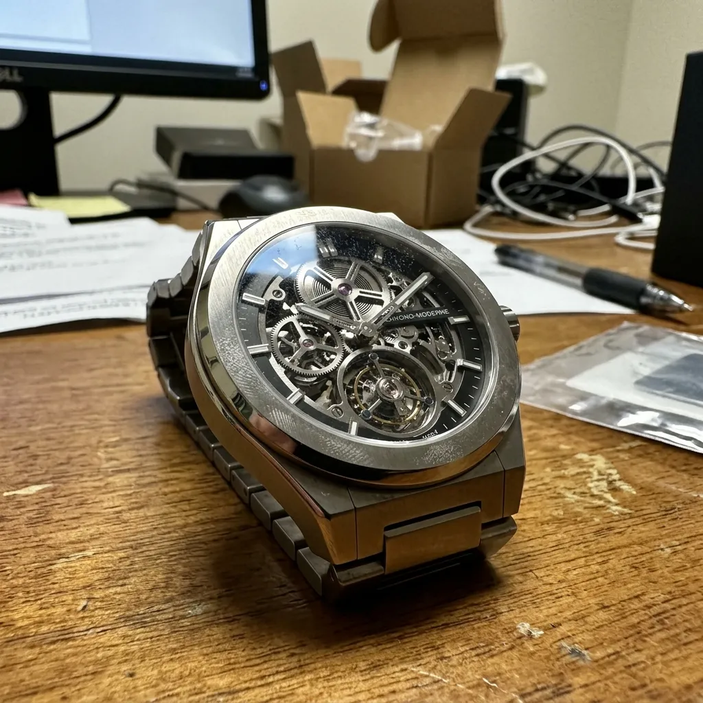 AI 商品精修案例：金属腕表带浮尘和指纹的处理前画面