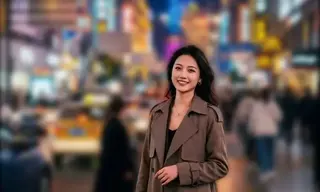 霓虹夜景女性人像突出主体背景虚化效果