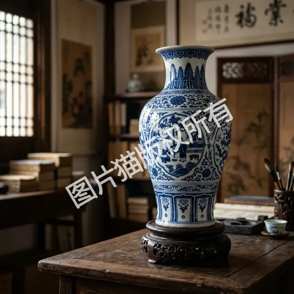 AI 图片去水印案例:青花瓷图片上的大字水印处理前