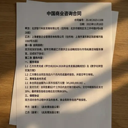 文本照片修复案例:带窗影和倾斜的商业咨询合同拍摄照片